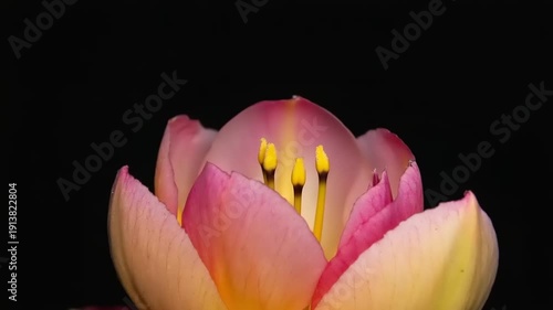 A close-up view of a blooming lotus flower with pink and yellow petals unfolding against a dark background