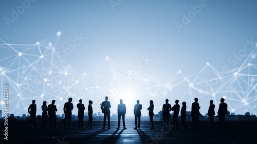 Business team on rooftop against connecting lines symbolizing global network and successful teamwork