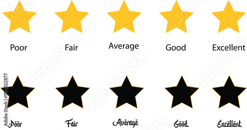 Star rating system set for customer reviews, gold and black stars with feedback levels from poor to excellent on gray.