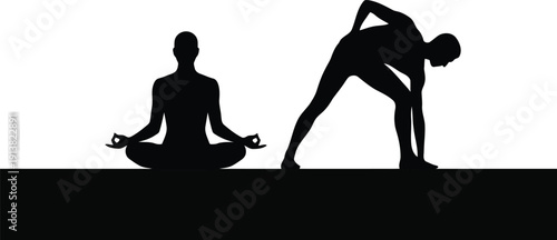 Black silhouettes of individuals practicing yoga poses on a solid dark horizontal platform on white