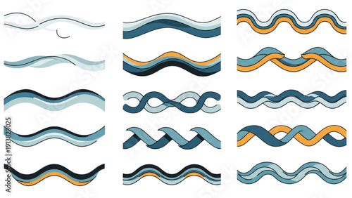 Collection of abstract wavy lines in various blue and orange hues presented in a grid format from a straightforward viewpoint