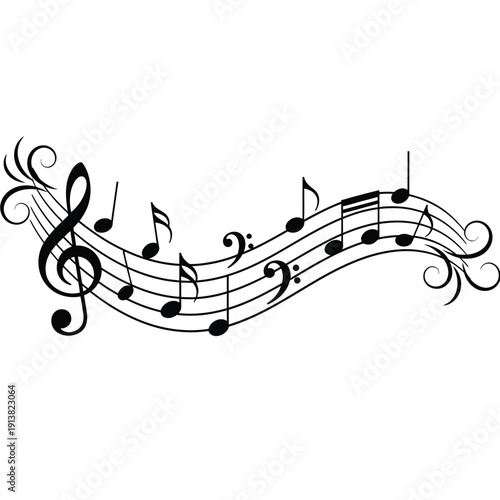 Vector illustration of a classical music background featuring a black treble clef and melodic notes on a decorative stave pattern for a song or concert design element