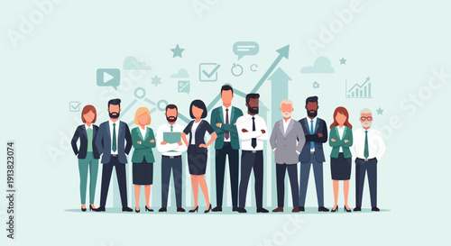 Diverse business team standing together representing corporate collaboration and professional success illustration
