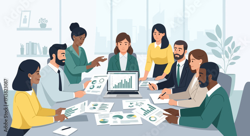 Business team meeting discussing financial reports and data analysis in modern office illustration
