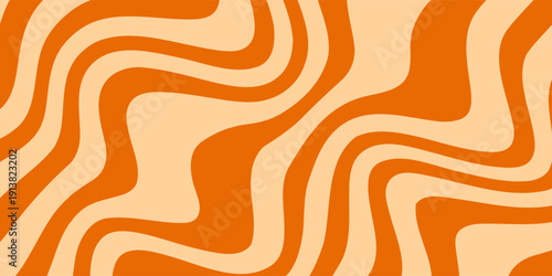 Retro caramel line background. Salted caramel liquid desert texture. Wavy swirl candy pattern for poster, cover, banner, pamphlet. Orange nougat hippie wallpaper in 60s or 70s style. Vector
