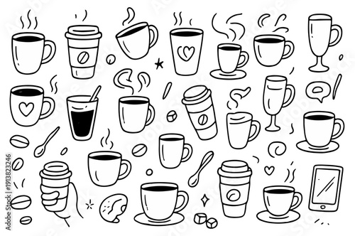 hand drawn doodle vector set of coffee cups mugs and takeaway cups illustrated in a fun and playful style isolated on white background
