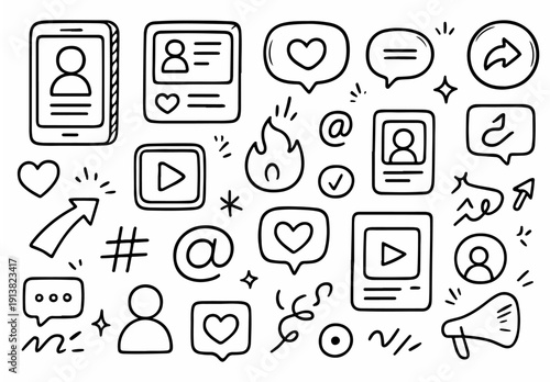 hand drawn doodle vector set of general social media icons illustrated in a fun and playful style isolated on white background
