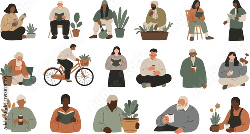 Diverse People Collection Enjoying Slow Living Activities Reading Books Drinking Coffee and Gardening for Wellness and World Sleep Day Concept