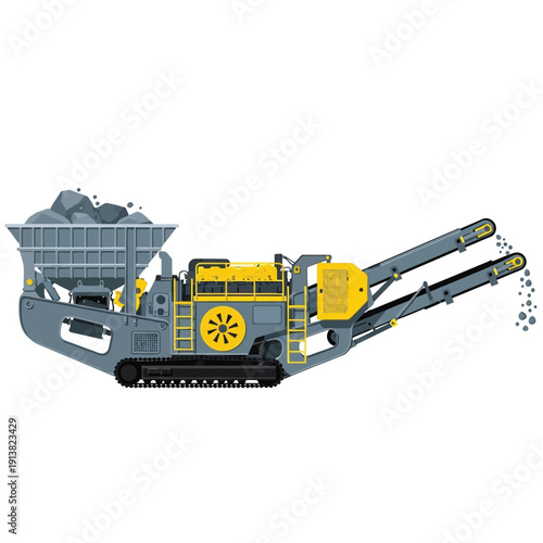 Powerful mobile rock crushing plant efficiently processing aggregate materials for construction, mining, and quarry operations, isolated on a white background