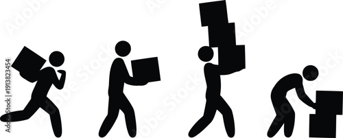Black stick figures demonstrate the stages of moving boxes, from carrying to stacking and placing items