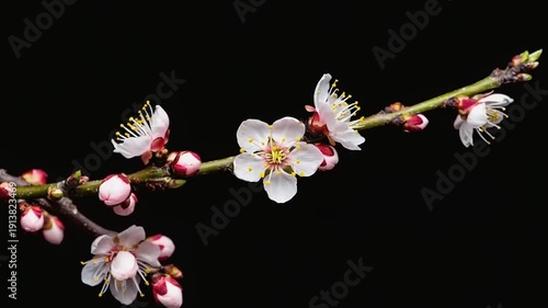 A delicate branch with blossoming flowers and buds against a dark background viewed from a close-up perspective
