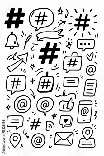 hand drawn doodle vector set of hashtags and mentions icons illustrated in a fun and creative style isolated on white background
