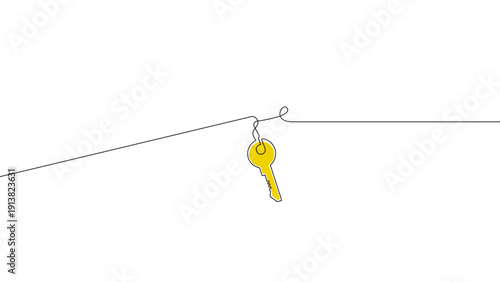 Continuous line key hanging isolated on white background, minimal outline editable vector illustration.