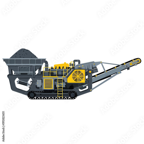 Heavy-duty mobile stone crushing plant illustration for aggregate processing and mineral extraction, vital equipment for construction and mining industries, isolated on white background