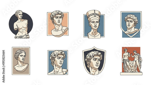 Collection of Vintage Illustrations Featuring Classical Statues and Busts of Ancient Greek and Roman Figures
