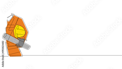 Continuous line house with window and blueprint isolated on white background, minimal editable vector illustration.