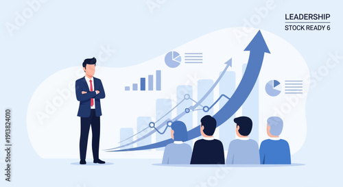 Business leader presents upward growth chart to attentive team during meeting