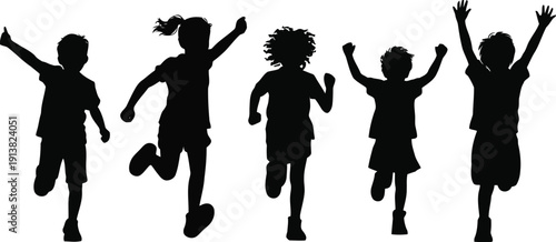 Celebrating children silhouettes with arms raised in victory and excitement as they run forward on a crisp white surface