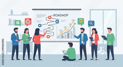 Diverse team collaborates on a strategic roadmap presentation in a modern office setting.