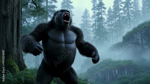 Powerful gorilla roaring in misty jungle with trees and rocks