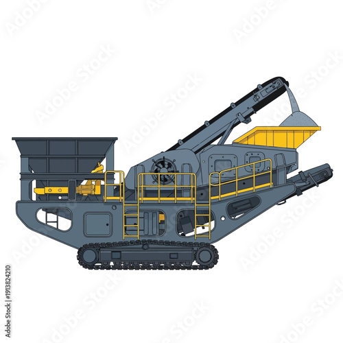 Industrial crushing machine on tracks for processing and recycling materials, heavy-duty equipment for construction sites and mining operations