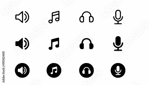 Audio Icons Set – Speaker, Music, Headphones, Microphone