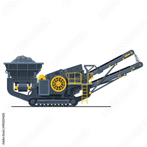 Heavy-duty mobile rock crusher machine with conveyor belt system for aggregate production in quarry and construction operations, processing raw materials on-site with powerful industrial equipment