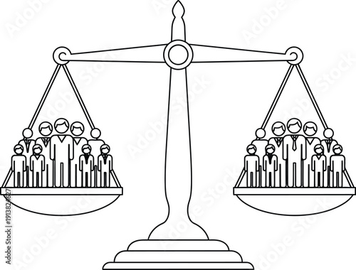 Stylized black and white line art drawing illustrating a balanced scale weighing two groups of stylized people icons representing equality and justice concepts.