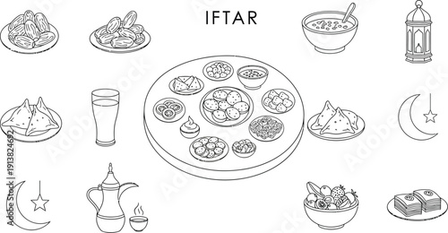 Collection of traditional black and white line art icons representing various foods and symbols associated with the Iftar meal during Ramadan observance