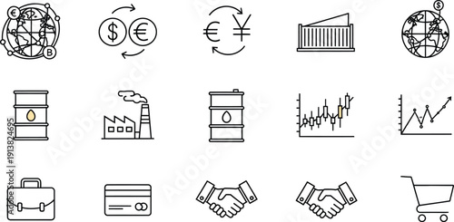 Collection of minimalist black outline finance and global trade icons representing investment currency exchange commodities industry and business deals