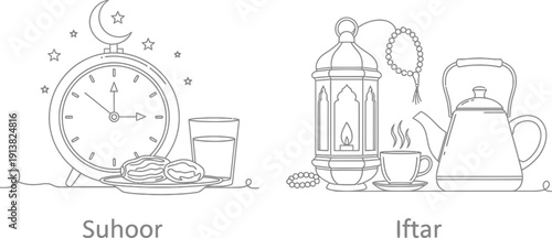 Essential black and white line art illustrating suhoor and iftar meal components with a clock and traditional lantern for religious observance