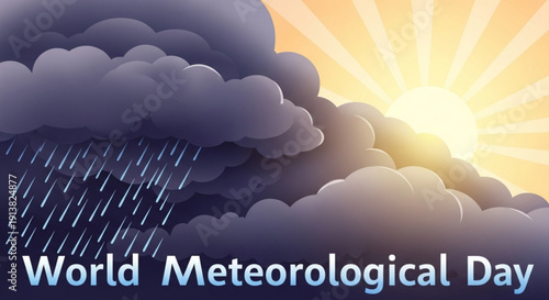 World meteorological day weather forecast illustration with rain clouds and sunny sky