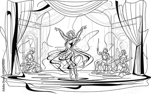 Elegant ballet dancer strikes a dramatic pose mid-performance onstage supported by musicians in this captivating continuous line art illustration