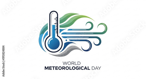 World meteorological day logo with thermometer and wind symbol on white background