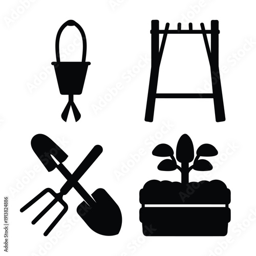 Essential gardening tools, plant pot, and outdoor accessories black silhouette icons