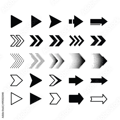 A flat vector collection of arrow icons featuring web buttons and directional pointers for business and internet design, providing a sign set of next, up, and forward elements for compute