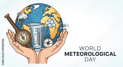 World meteorological day illustration with globe hands thermometer and weather instruments