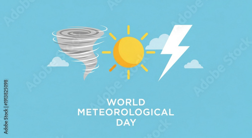 World meteorological day weather symbols with tornado sun lightning and clouds on blue background