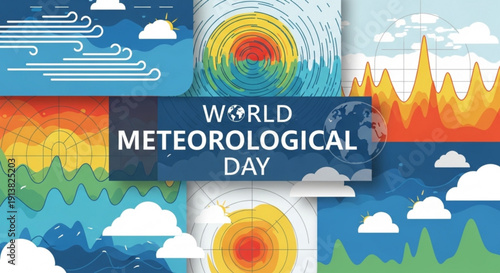 World meteorological day infographic with colorful weather graphics and clouds
