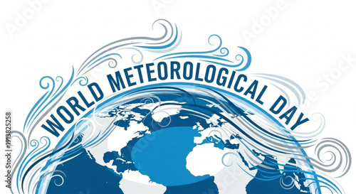 World meteorological day globe with swirling winds and blue continents on white background