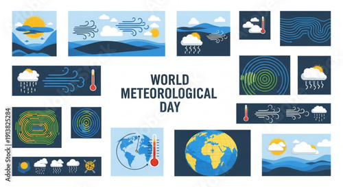 World meteorological day infographic with weather icons and globe on white background
