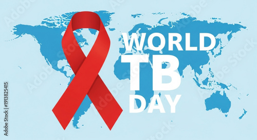 World tb day awareness campaign with red ribbon on blue world map background