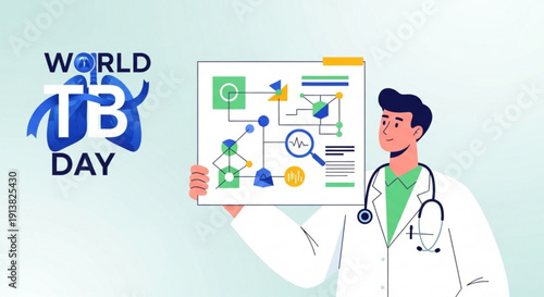 World tb day poster with doctor holding infographic on symptoms and awareness
