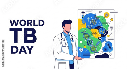World tb day illustration with doctor and global health symbols