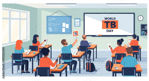 Students in classroom observing world tb day awareness campaign on screen