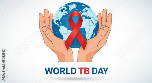 Hands holding globe with red ribbon for world tb day awareness campaign