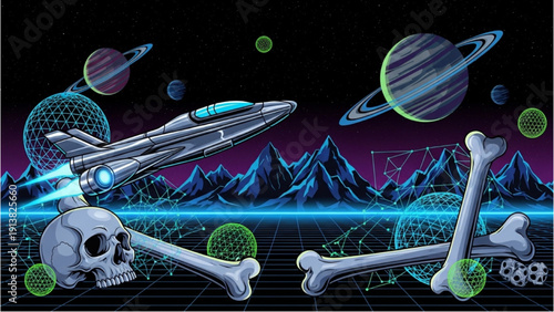 Futuristic Spacecraft Hovers Above Mountains with Bones and Skulls in a Cosmic Landscape from a Distant Viewpoint