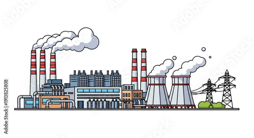 Industrial Power Plant with Smoke Stacks and Cooling Towers.