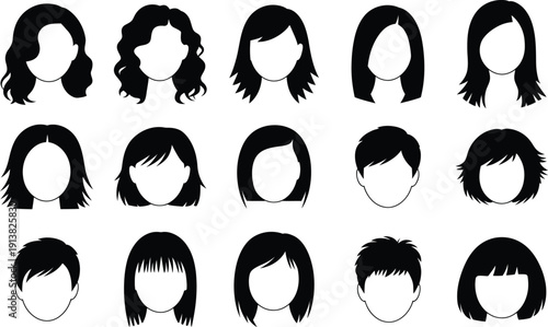 Collection of diverse black and white silhouette hairstyles for men and women isolated on a white background
