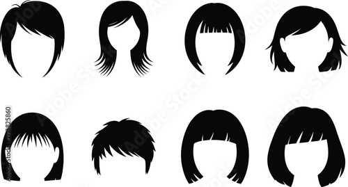 Collection of diverse black silhouette hairstyles for women showcasing different modern haircuts and styles